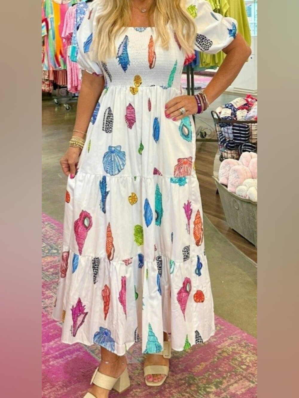 Vilagallo White Tiered Midi Dress with Multicolor Shell Print Size 42